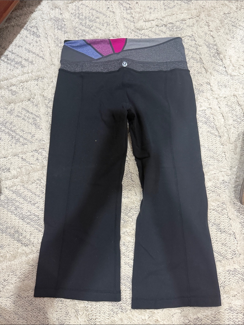 lululemon athletica Black Cropped Leggings with Gray, Purple & Pink Waistband